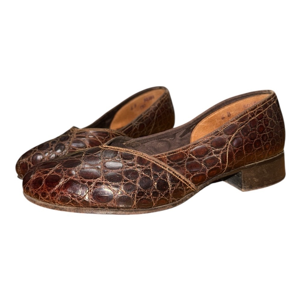 Brown Leather Crocodile Pattern Flats - image 4